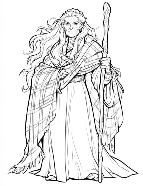 Coloring page of the Cailleach with a staff and tartan shawl, full length