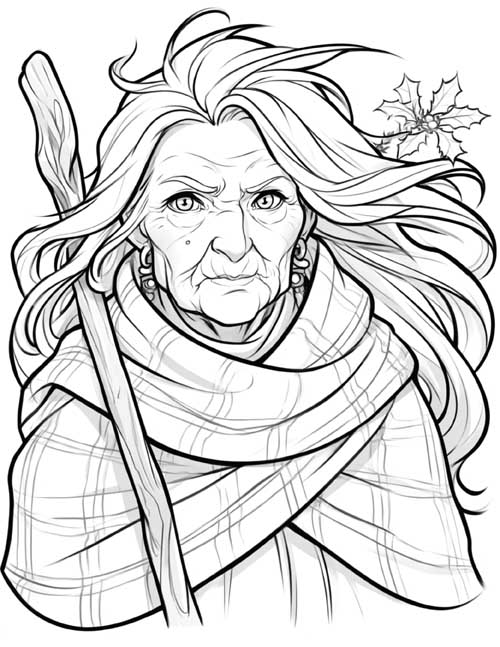 Coloring page of the Cailleach with a deeply wrinkled face, portrait