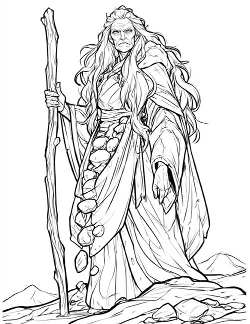 Coloring page of the Cailleach walking with stones tumbling from her apron