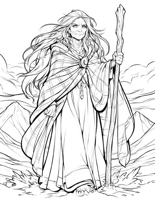 Coloring page of the Cailleach striding across frozen mountains