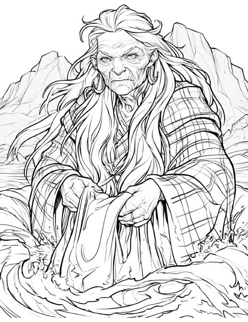 Coloring page of the Cailleach washing a huge tartan cloak in a whirlpool