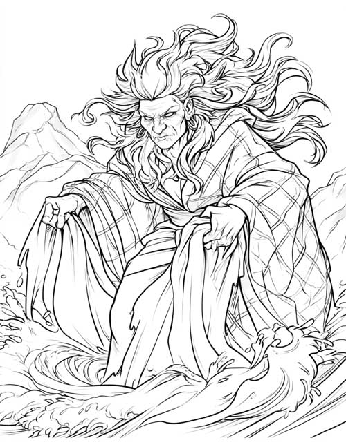 Coloring page of the Cailleach washing a huge tartan cloak in a whirlpool