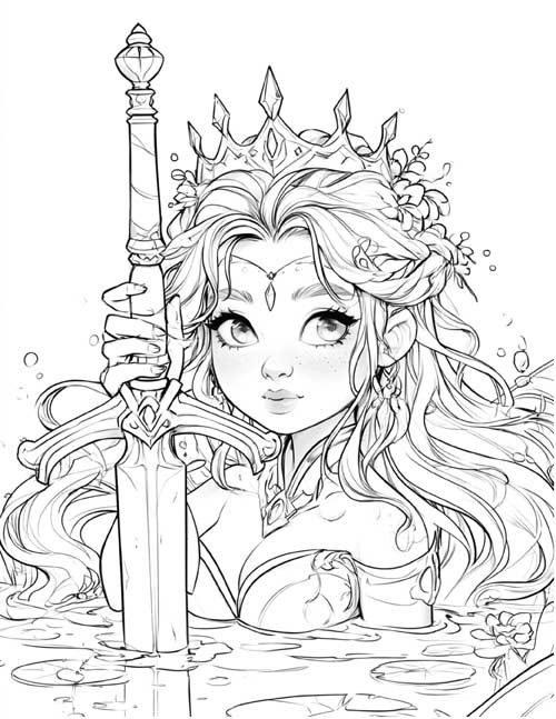 anime coloring page of Nimue, the Lady of the Lake, holding Excalibur