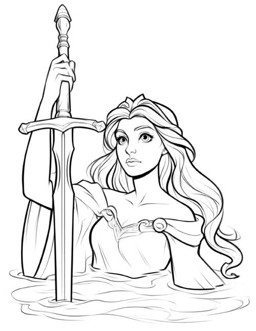 coloring page of Viviane, the Lady of the Lake, cartoon style