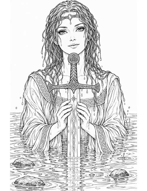 Celtic style, realistic coloring page of the Lady of the Lake holding Excalibur