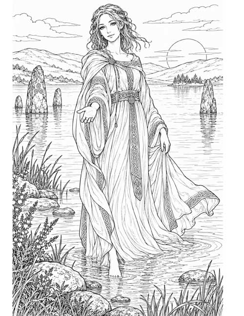 Celtic style, realistic coloring page of the Lady of the Lake beckoning
