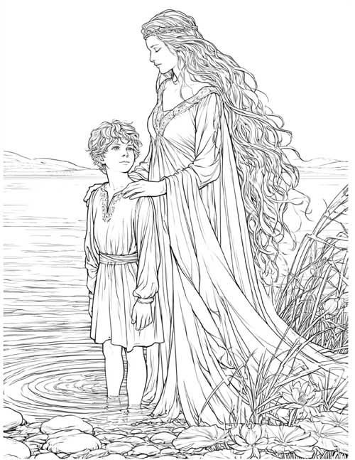 realistic ink sketch coloring page of Viviane standing with her hand on the shoulder of young Lancelot beside the water