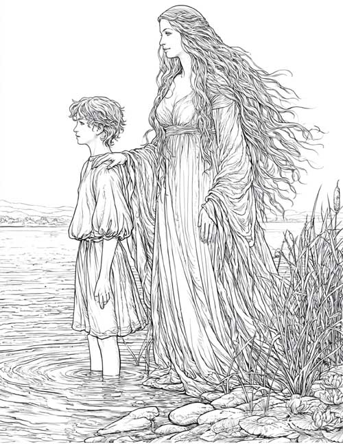 realistic ink sketch coloring page of Viviane with her hand on the shoulder of young Lancelot as he wades in the lake