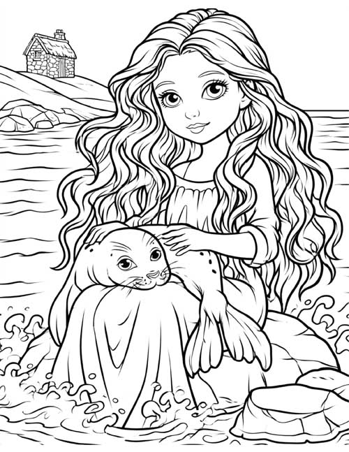 Cartoon coloring page of a pretty selkie holding her sealskin
