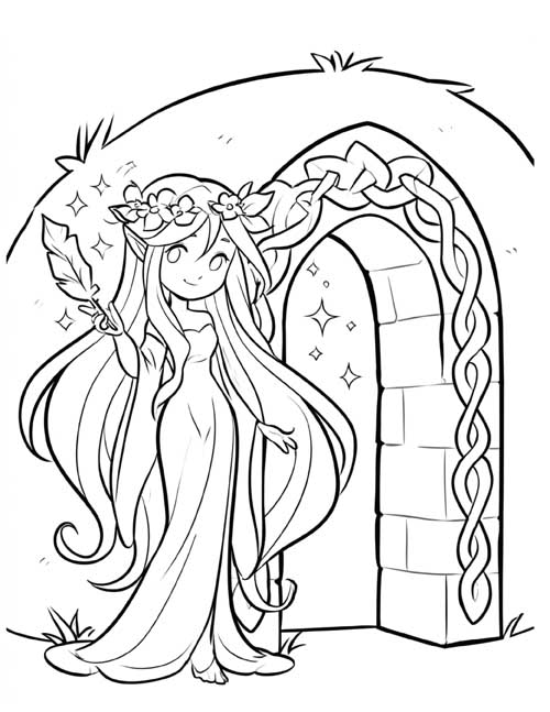 cartoon coloring page of the Lianhan Shee with a sparkling quill outside a fairy mound