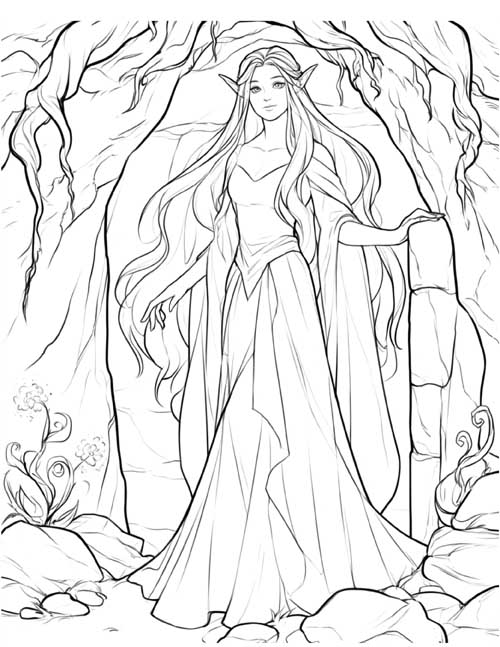 coloring page of a beautiful sidhe in a fairy mound