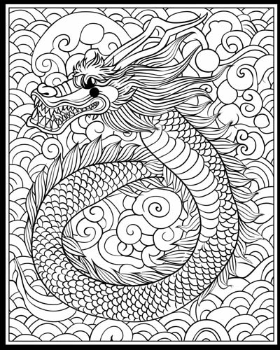 Adult coloring page of a Chinese dragon