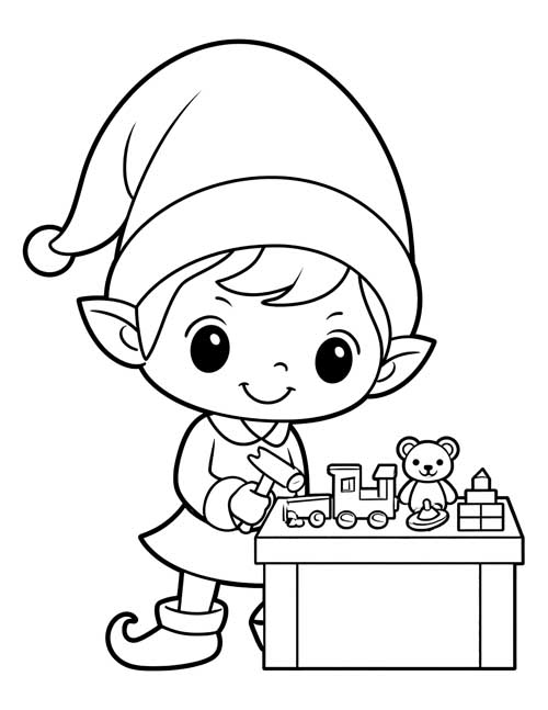 Coloring page of a cute elf in a big hat hammering a toy train at a workbench with a teddy bear and blocks