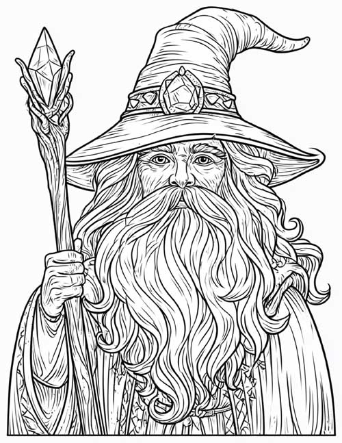 detailed engraving style coloring page of Merlin with his crystal staff, waist up