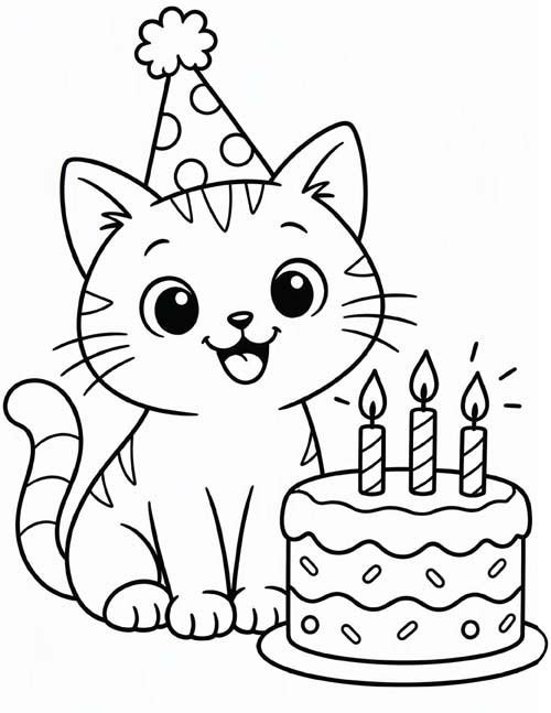 simple coloring page of a cute cat and a birthday cake