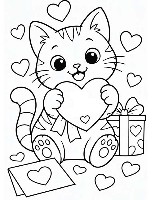 simple coloring page of a cute cat playing with hearts