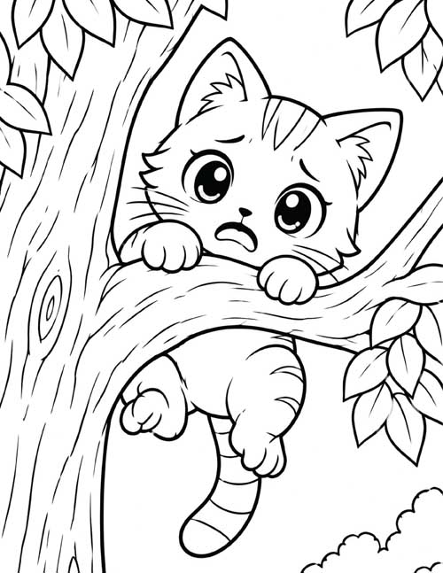 simple coloring page of a cute cat climbing a tree