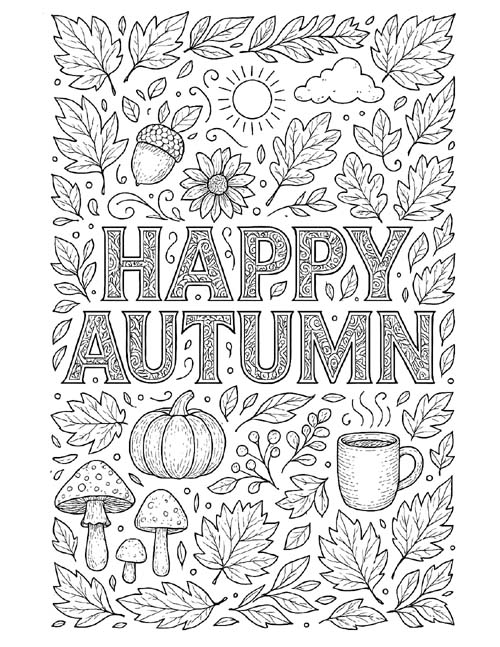 word art coloring page for adults - HAPPY AUTUMN with autumn doodles