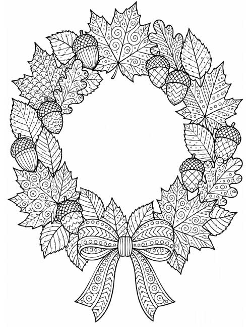 detailed doodle art autumn wreath coloring page