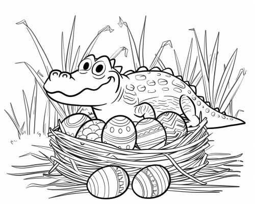 coloring page of an alligator with a nest of Easter eggs