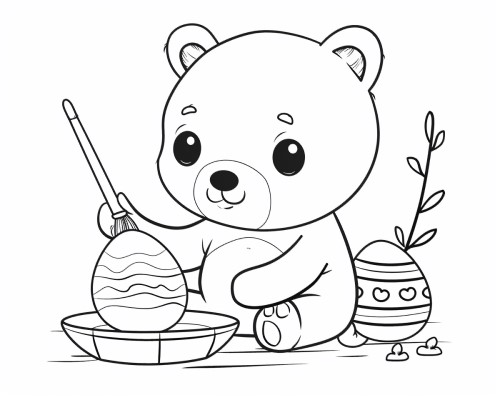coloring page of a bear painting an Easter egg