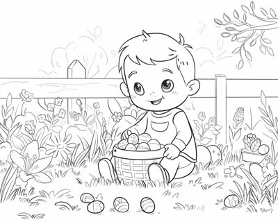coloring page little boy finding Easter eggs