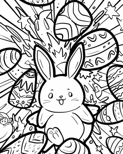 coloring page of the Easter bunny and eggs