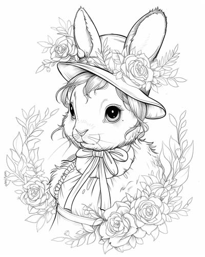 coloring page of a Victorian Easter bunny