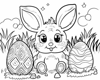 coloring page of the Easter bunny and two eggs