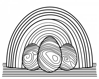 coloring page of Easter eggs and a rainbow
