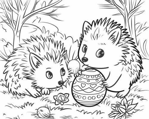 coloring page of hedgehogs and an Easter egg