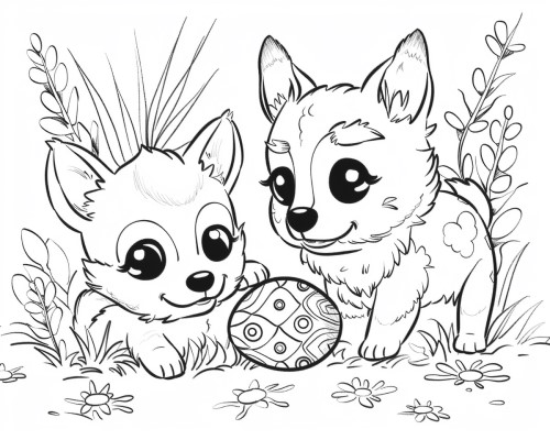 coloring page of puppies finding an Easter egg