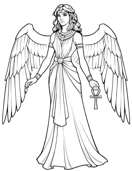 sketch coloring page of Isis with wings, holding an ankh.  Full length.  Modestly dressed.