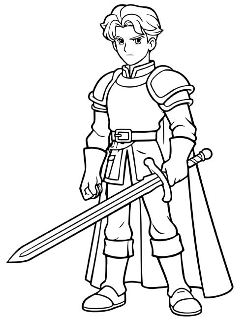 simple coloring page of a knight holding a long sword
