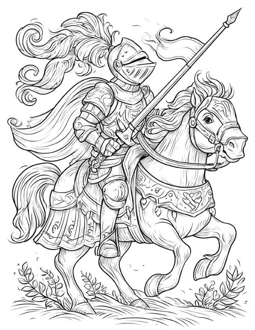sketch style coloring page of Lancelot on a galloping horse, holding a lance