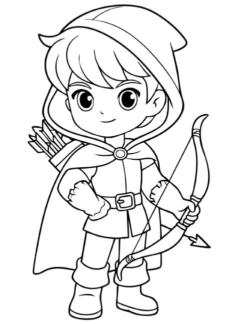 Cartoon coloring page of Robin Hood in a hooded cloak holding a bow