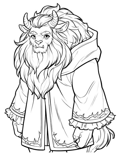 Coloring page of the Beast from Beauty and the Beast in a long robe
