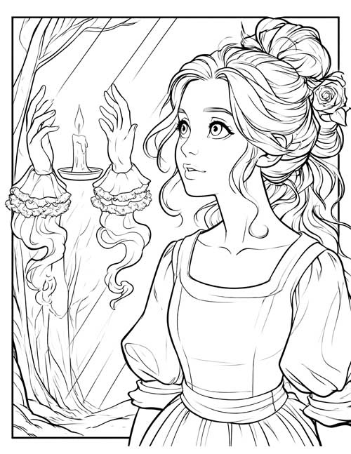 Coloring page of Belle watching ghostly hands hold up a candle