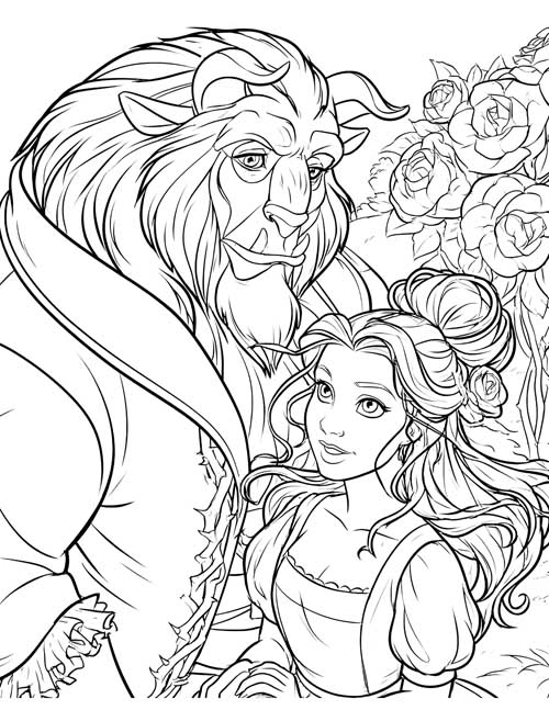 Coloring page of Belle and the Beast beside a rose bush