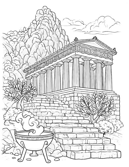 Coloring page of Apollo's temple at Delphi below the mountain with a smoking bowl on a stand