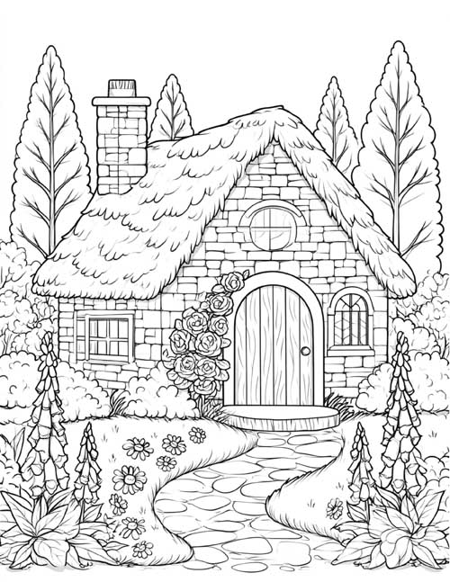 Coloring page of Grandma's stone cottage with roses by the door and foxgloves along the path