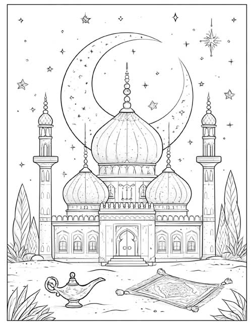 Coloring page of Aladdin's palace with a magic lamp and a flying carpet