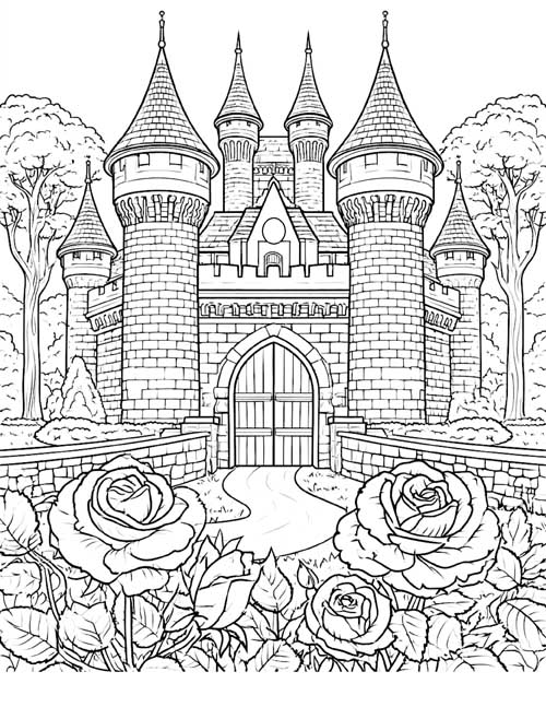 Coloring page of the Beast's castle with roses in the garden