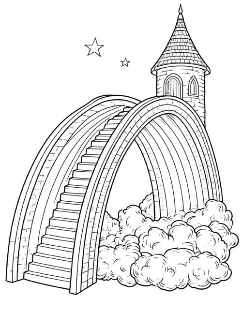 Coloring page of the Bifrost bridge with stairs leading up to a tower