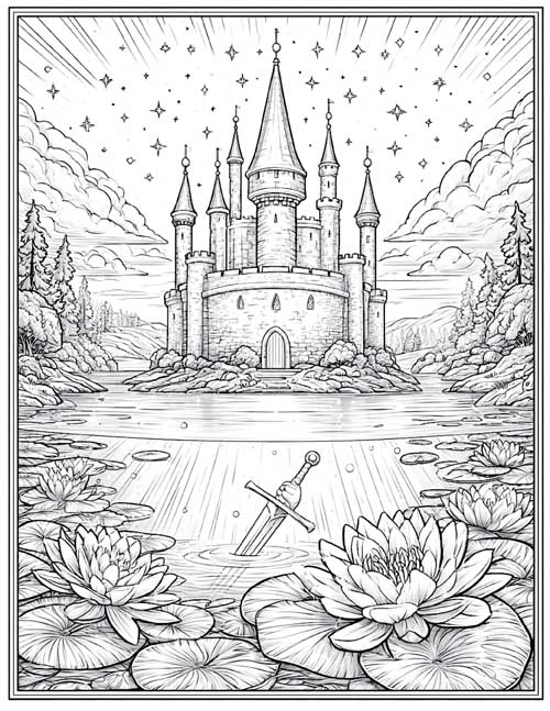 Coloring page of Camelot across a lake with Excalibur rising from the water