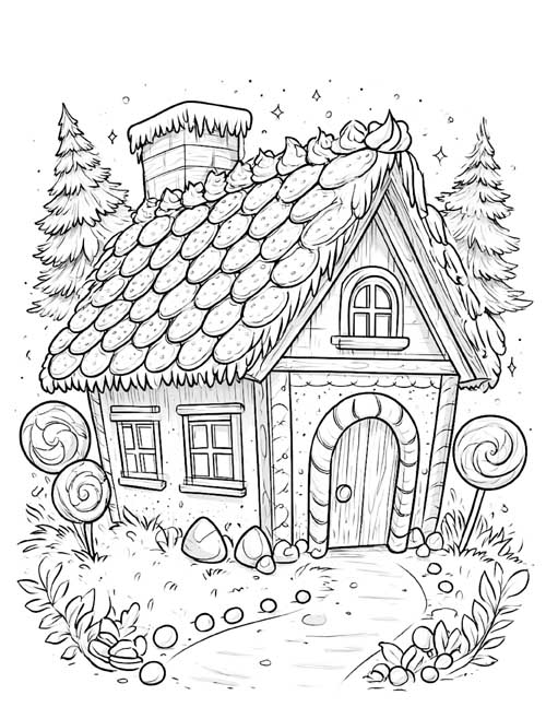 Coloring page of a witch's candy house with lollipops by the door