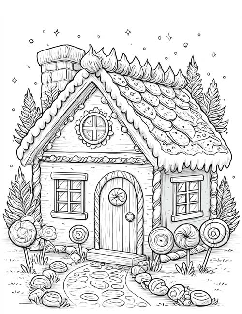 Coloring page of a candy cottage with a cookie roof and a candy path