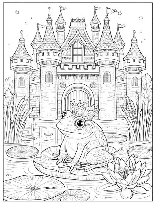 Coloring page of the Frog King wearing a crown on a lily pad in front of a castle