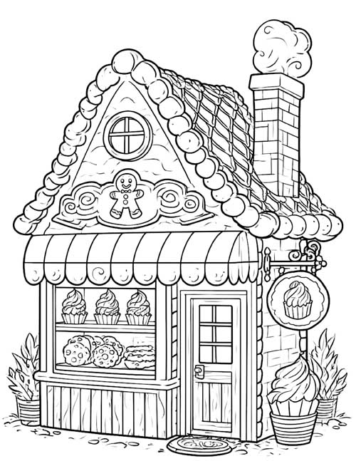 Coloring page of the Gingerbread Man's bakery with a gingerbread man over the window and cupcakes on the shelves