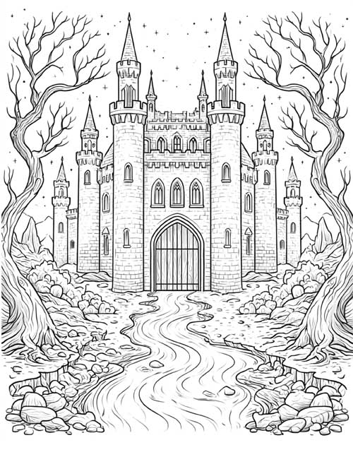 Coloring page of the palace of Hades with a river and twisted trees